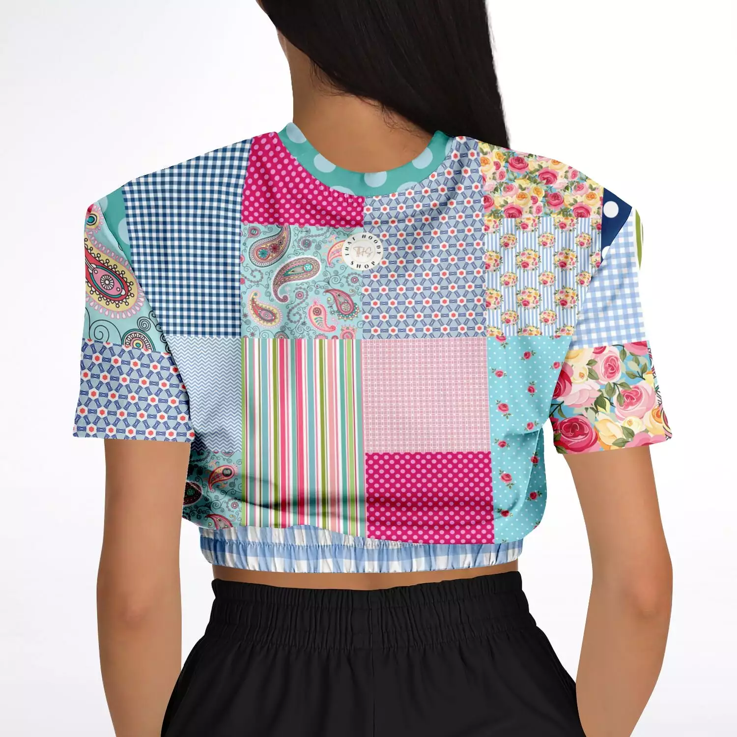 Pink Sherbert Floral Patchwork Plaid Short Sleeve Cropped Eco-Poly Sweater