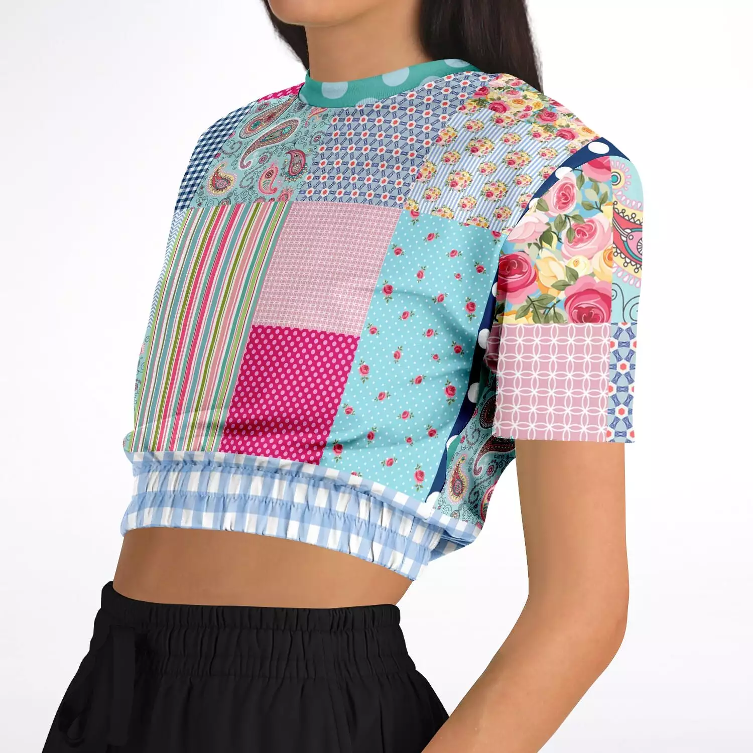 Pink Sherbert Floral Patchwork Plaid Short Sleeve Cropped Eco-Poly Sweater