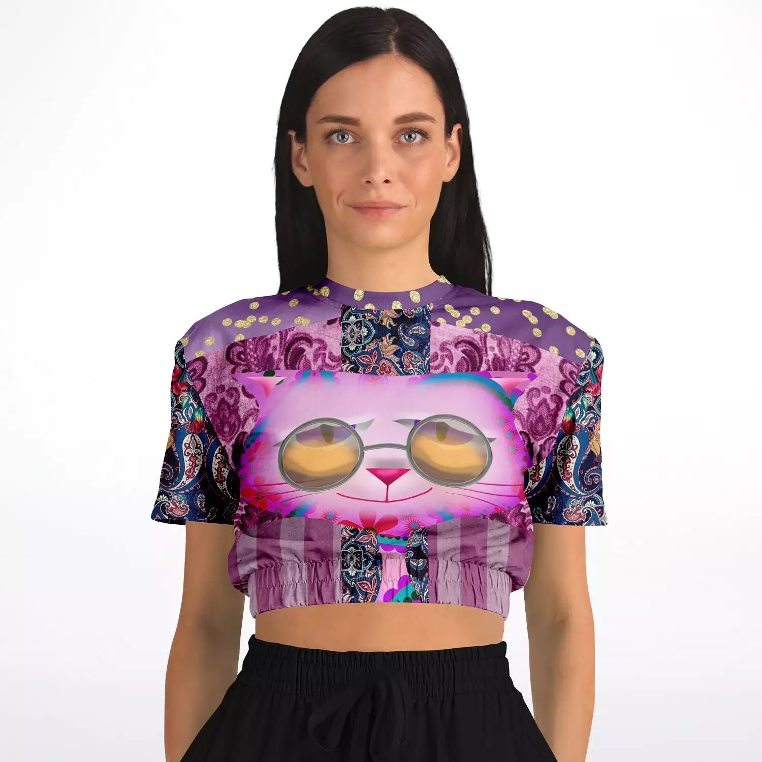 Purple Jamboree Short Sleeve Cropped Eco-Poly Sweater