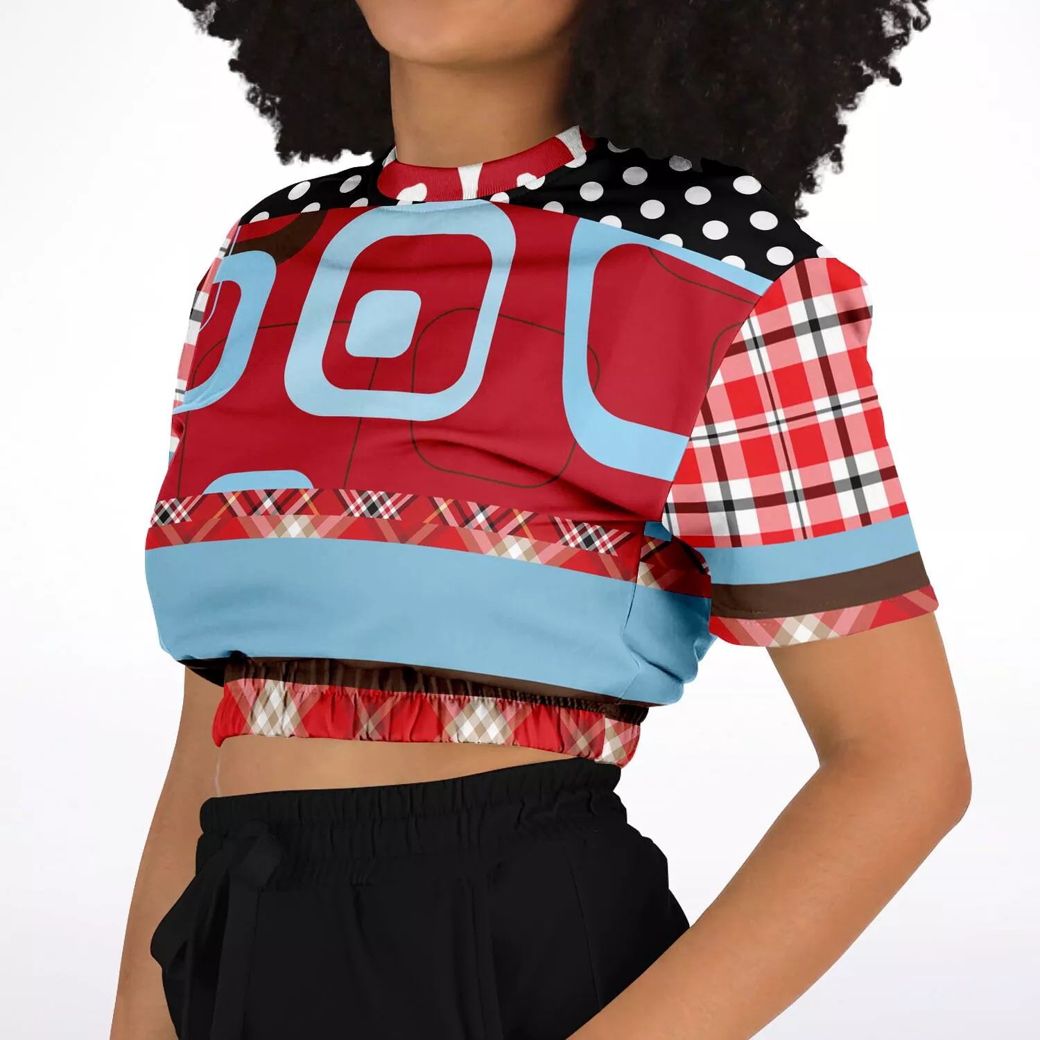 Red Pacific Palisades Plaid Short Sleeve Cropped Eco-Poly Sweater