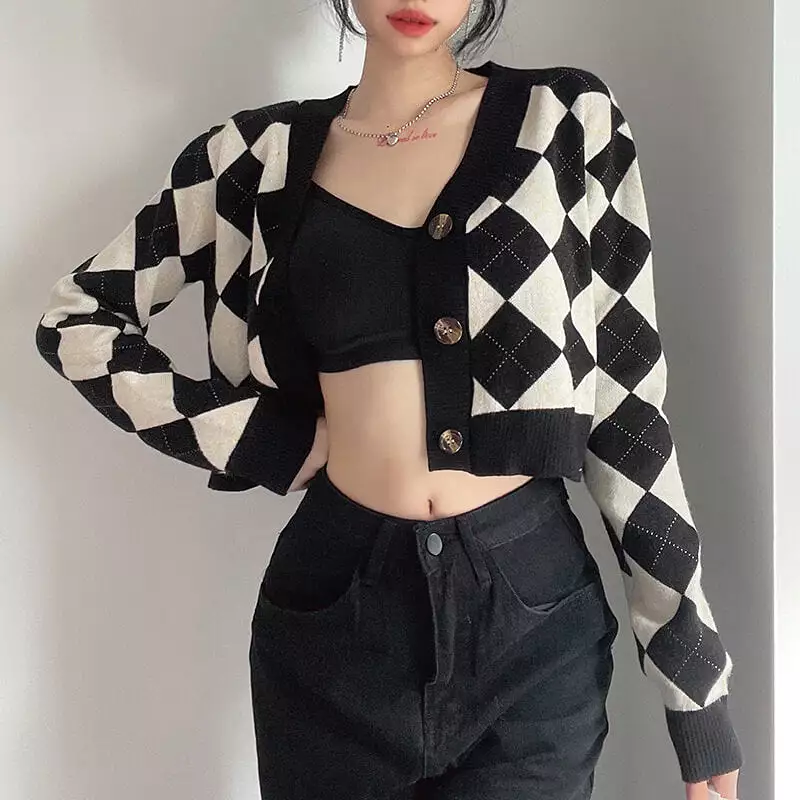 RETRO CHESSBOARD CARDIGAN SWEATER BY90007