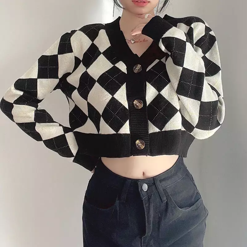 RETRO CHESSBOARD CARDIGAN SWEATER BY90007