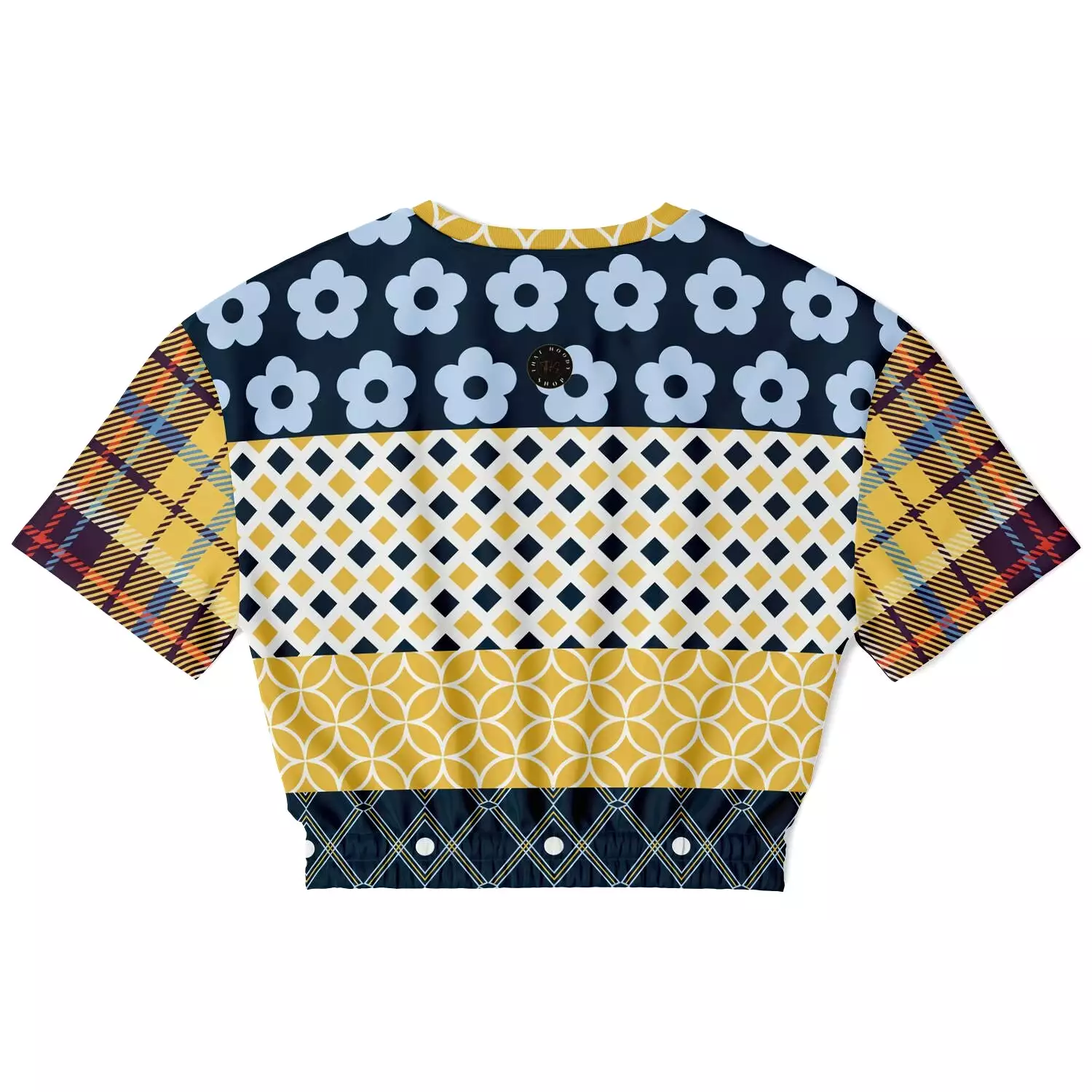 Royal Flush Blue Patchwork Short Sleeve Cropped Eco-Poly Sweater