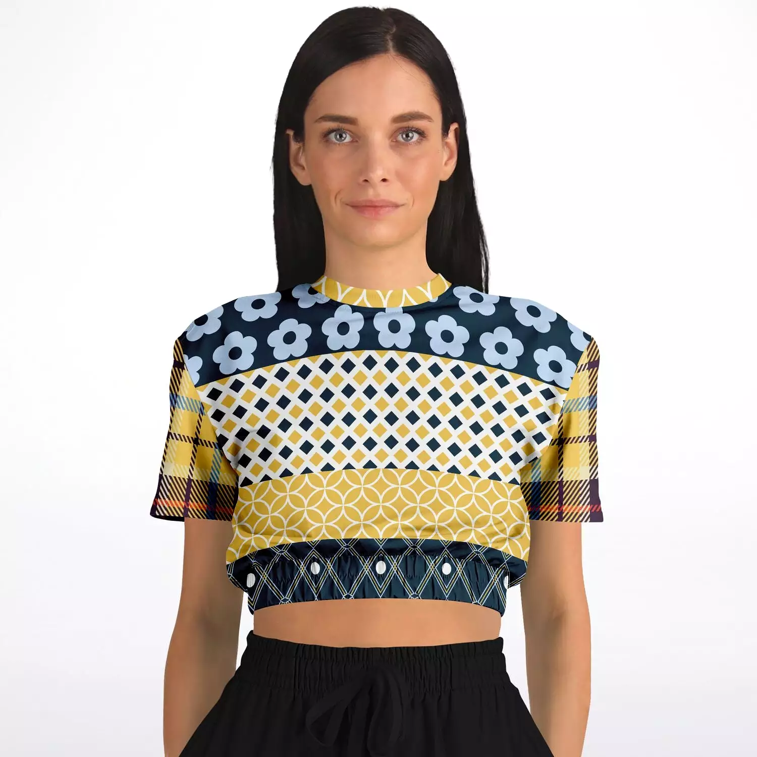 Royal Flush Blue Patchwork Short Sleeve Cropped Eco-Poly Sweater