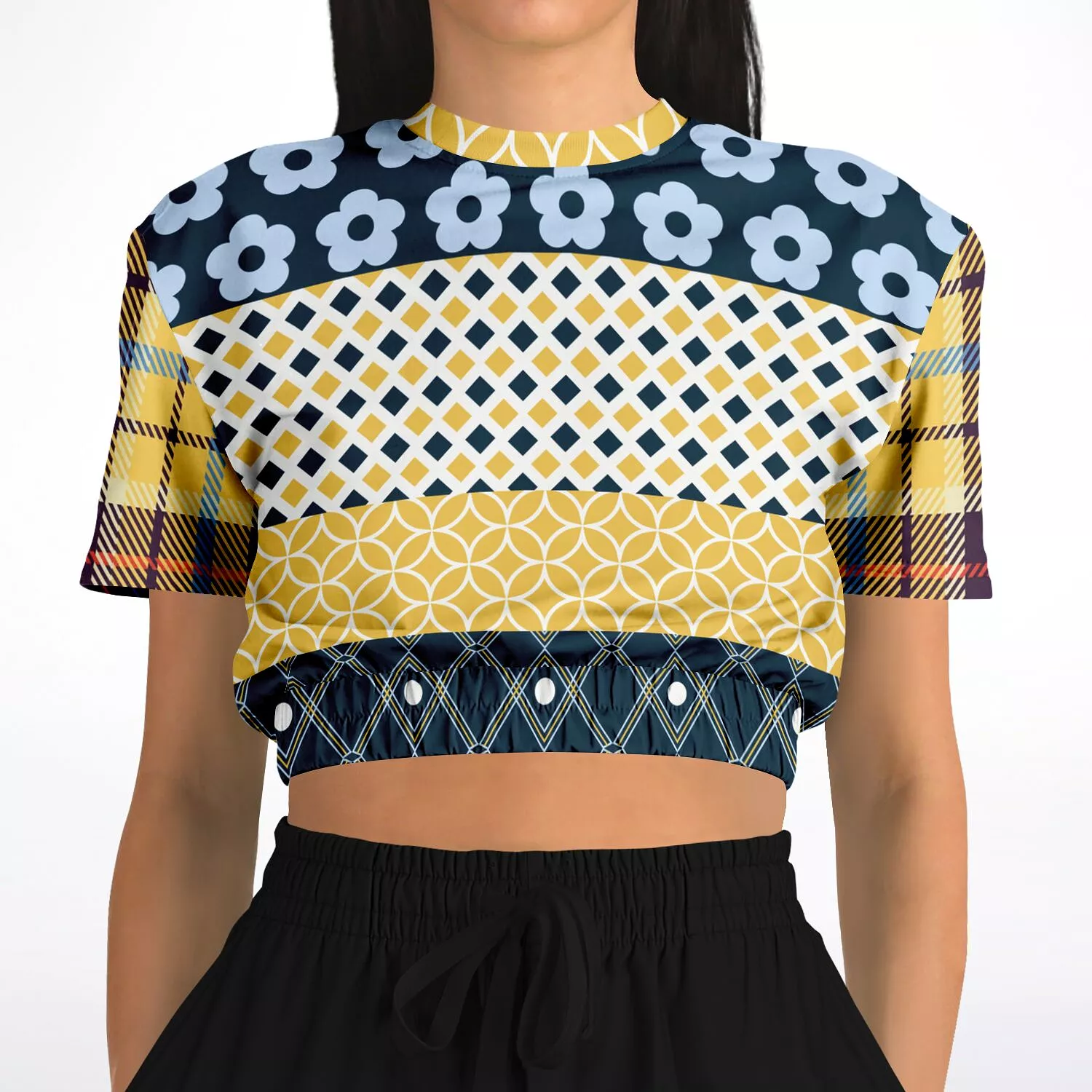 Royal Flush Blue Patchwork Short Sleeve Cropped Eco-Poly Sweater