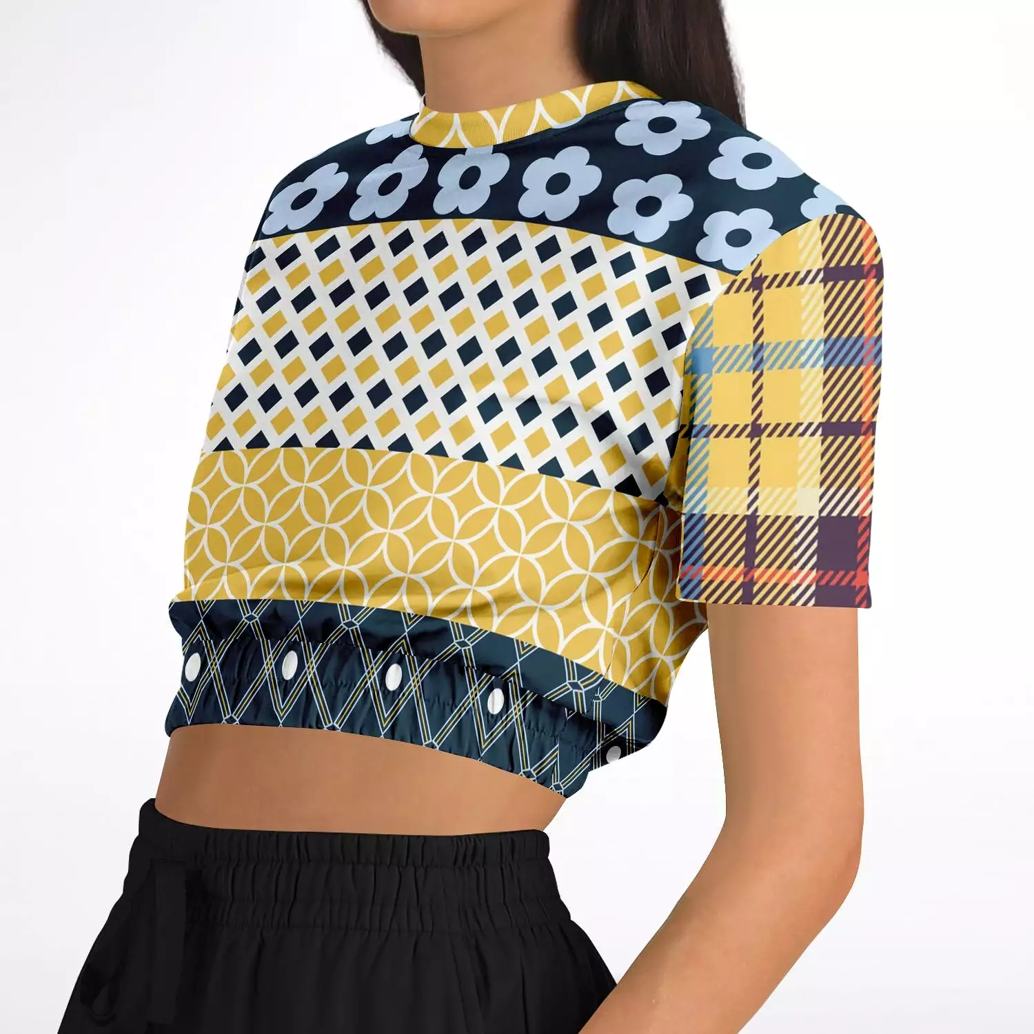 Royal Flush Blue Patchwork Short Sleeve Cropped Eco-Poly Sweater