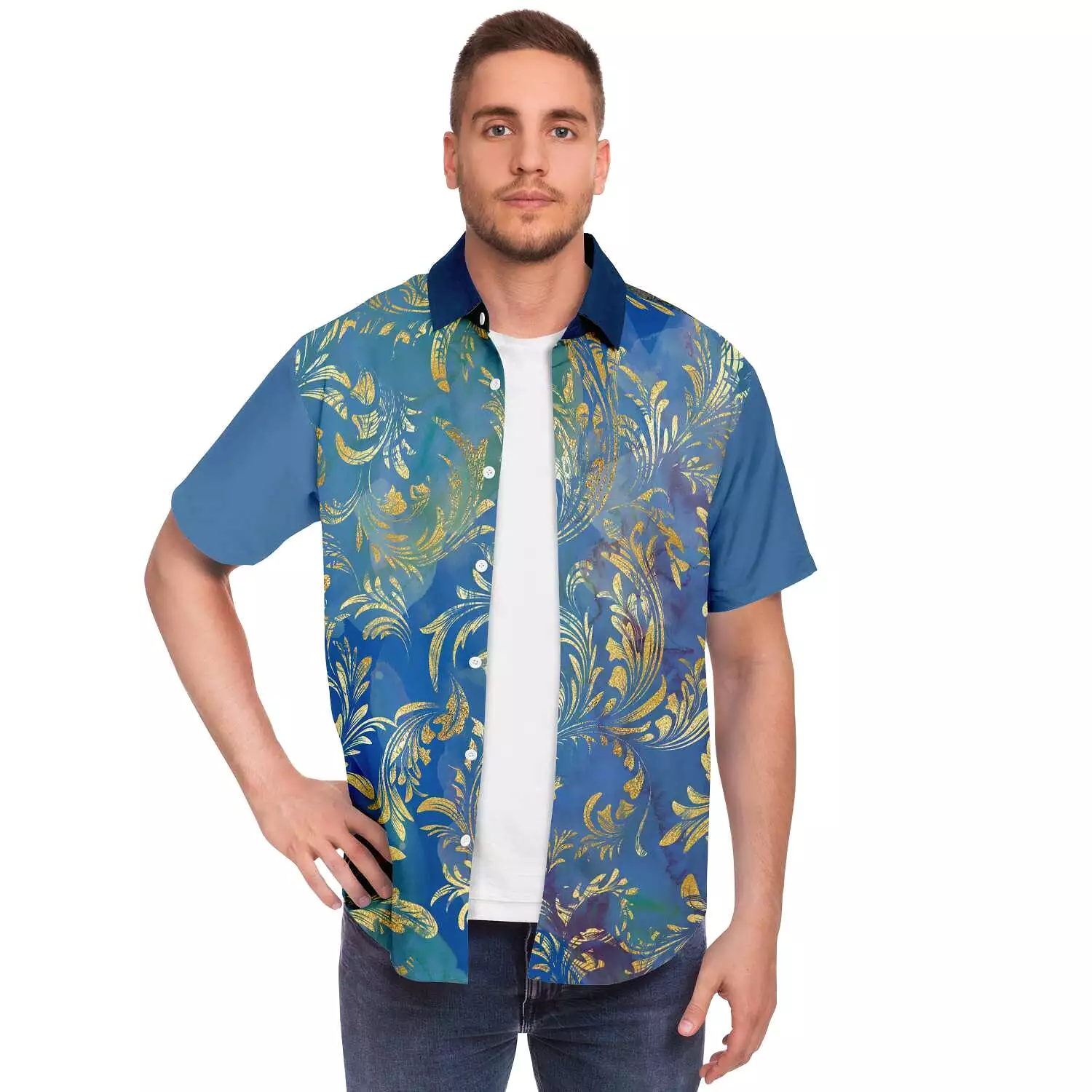 Royal Peacock Short Sleeve Button Down Shirt