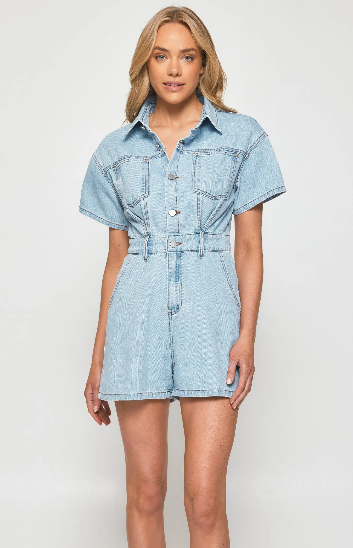 Short Sleeve Denim Playsuit with Seam and Pocket Details (SDM126)