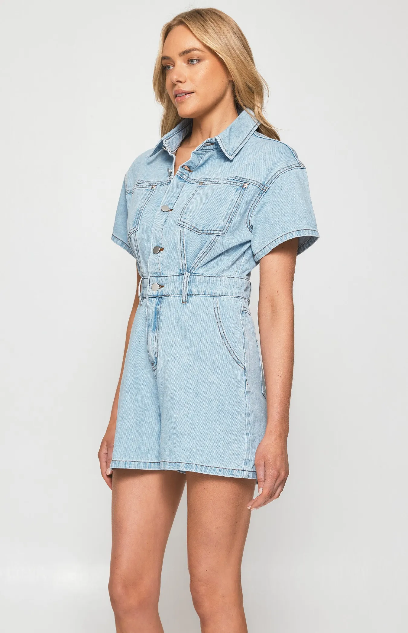 Short Sleeve Denim Playsuit with Seam and Pocket Details (SDM126)