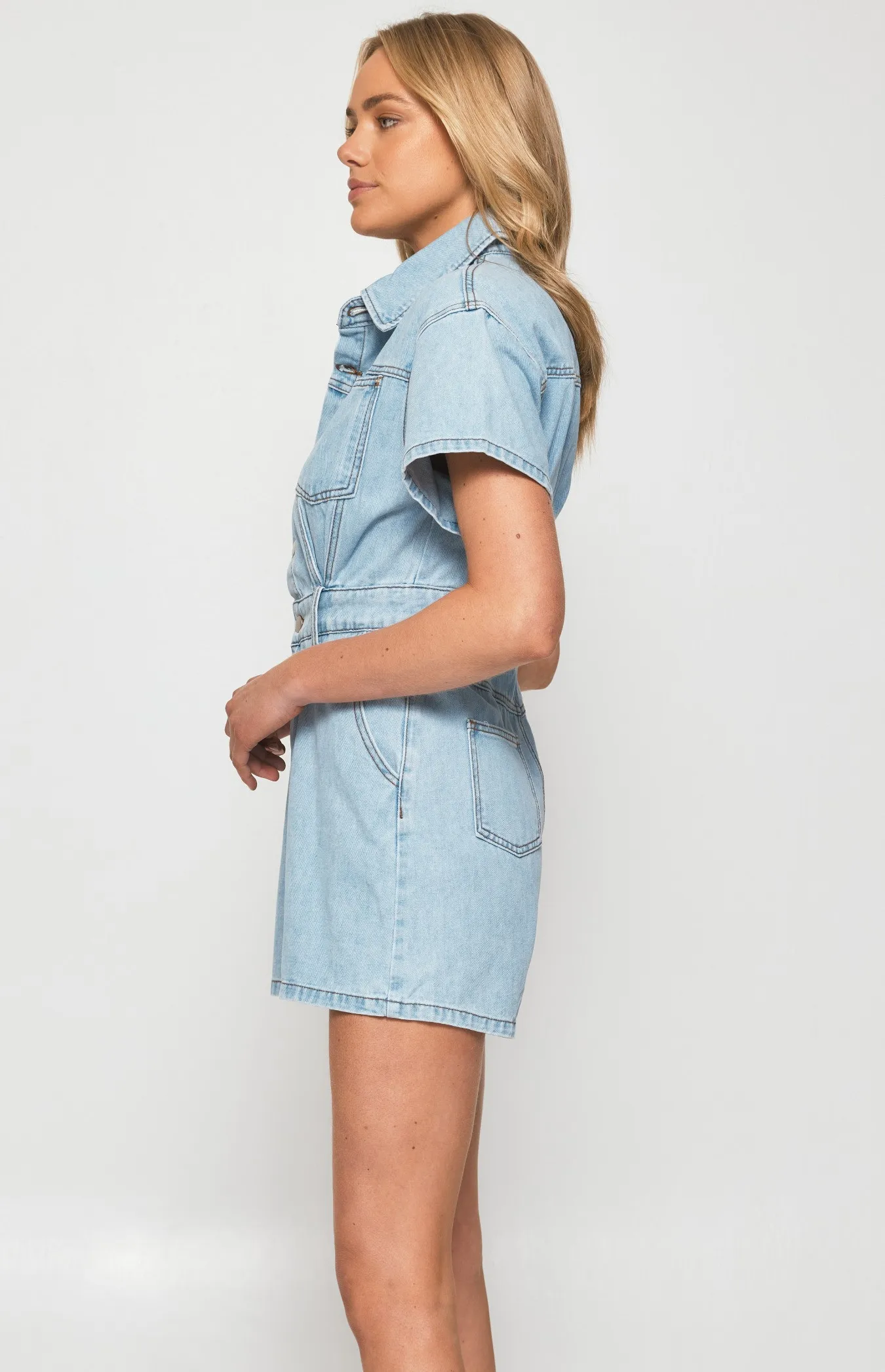 Short Sleeve Denim Playsuit with Seam and Pocket Details (SDM126)