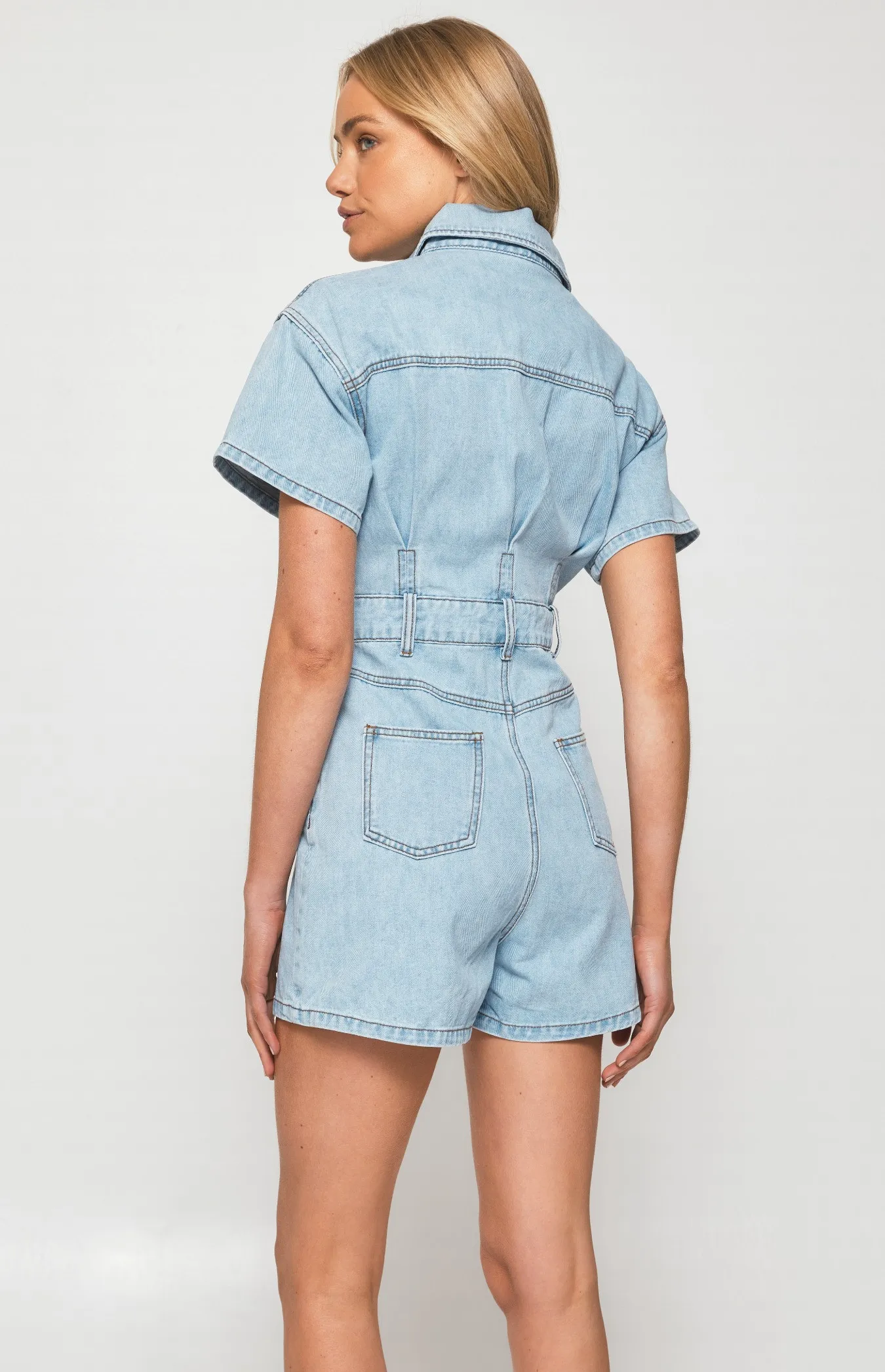 Short Sleeve Denim Playsuit with Seam and Pocket Details (SDM126)