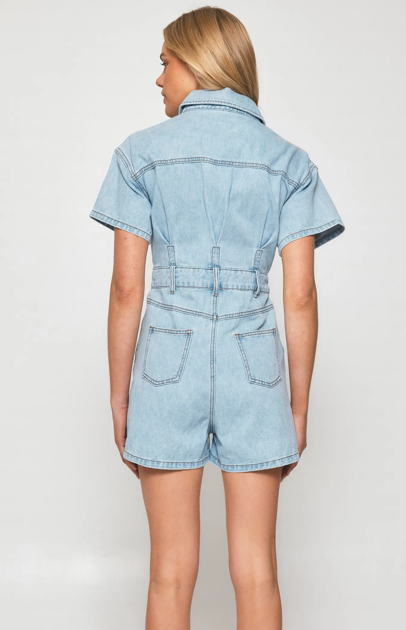 Short Sleeve Denim Playsuit with Seam and Pocket Details (SDM126)