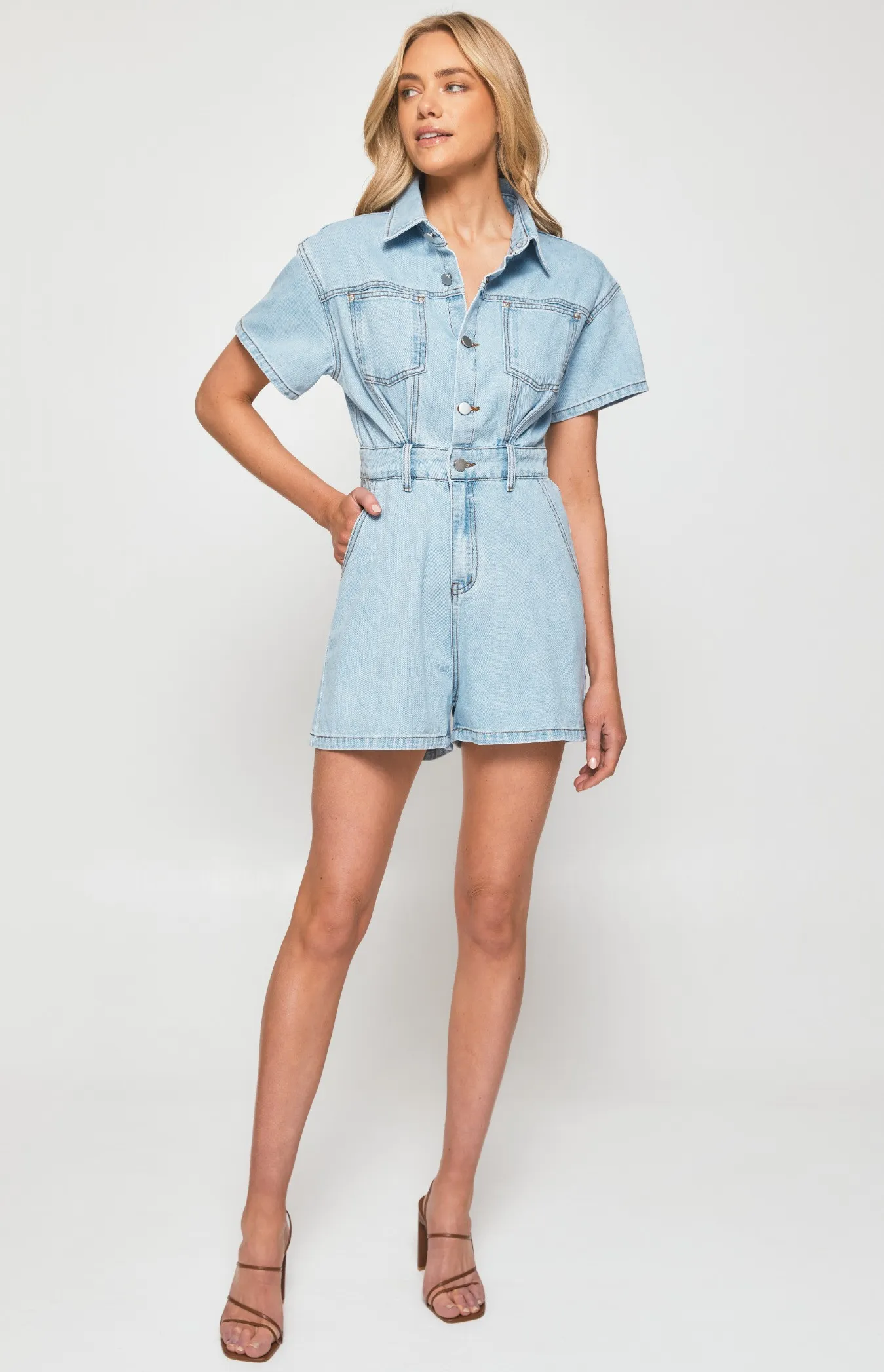 Short Sleeve Denim Playsuit with Seam and Pocket Details (SDM126)