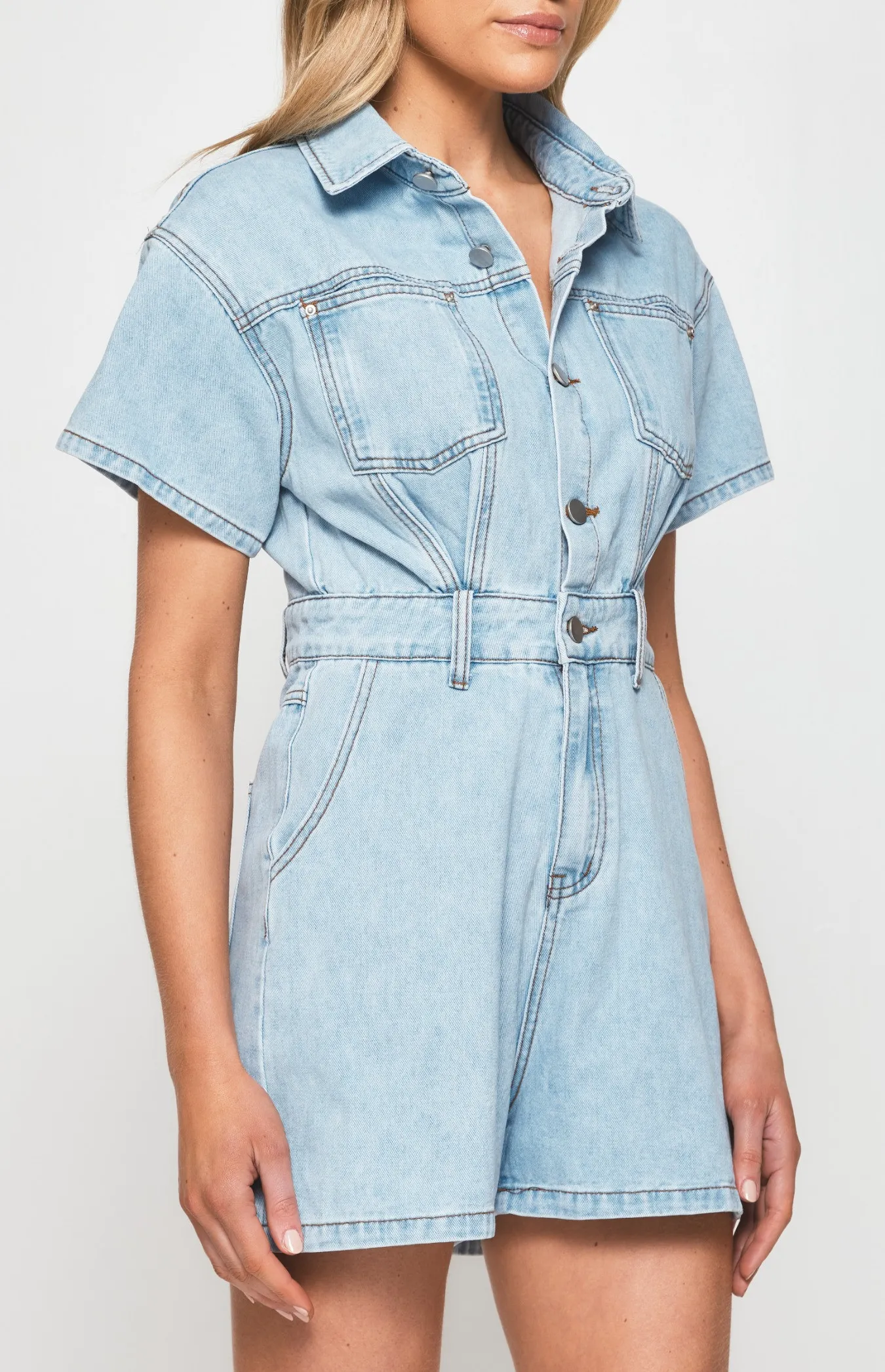 Short Sleeve Denim Playsuit with Seam and Pocket Details (SDM126)