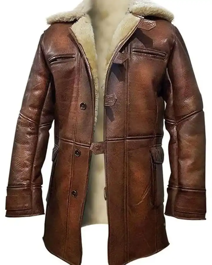 Steven Buttoned Closure Distressed Shearling Leather Coat