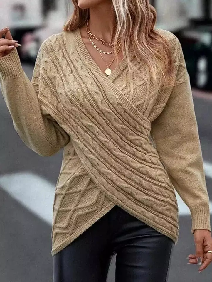 Stylish V-Neck Crochet Knit Pullover Sweater in Maillard Khaki