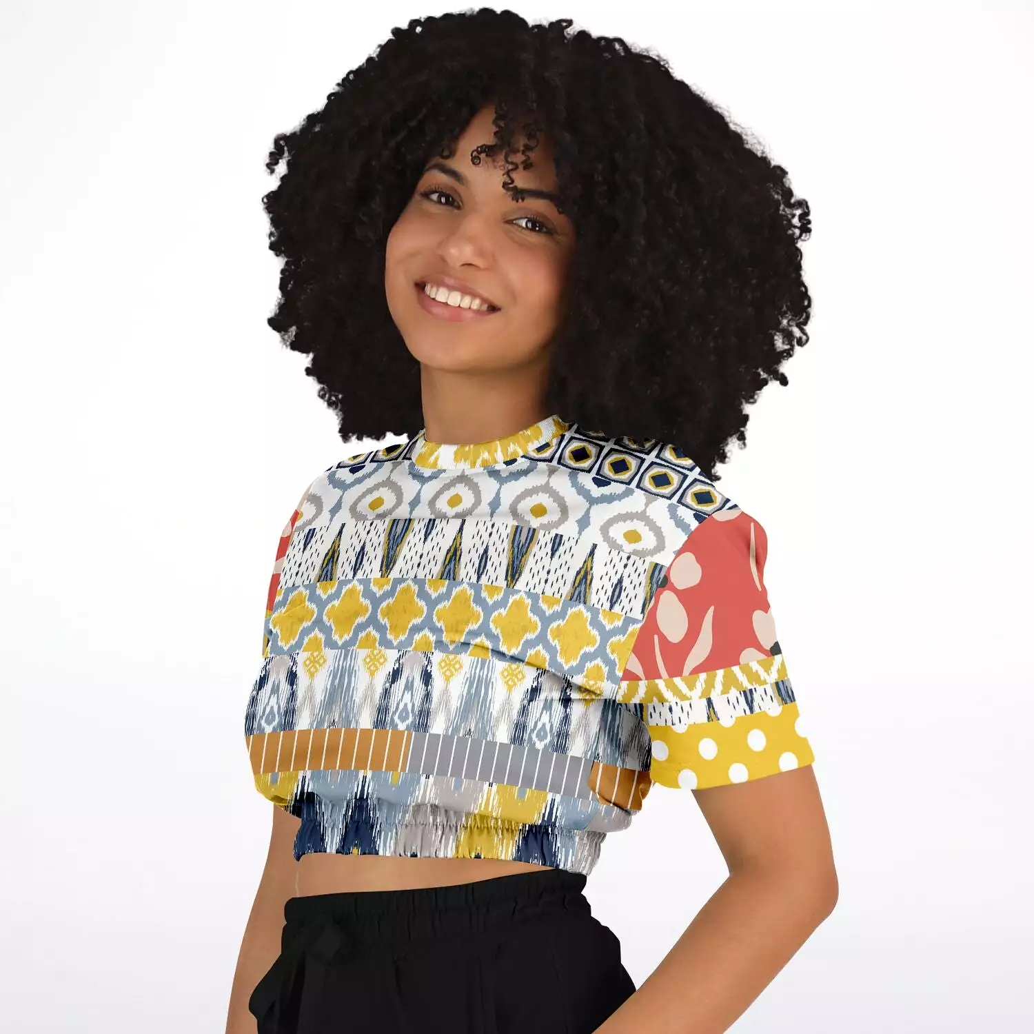 Tallulah Bankhead Elevate Patchwork Short Sleeve Cropped Eco-Poly Sweater