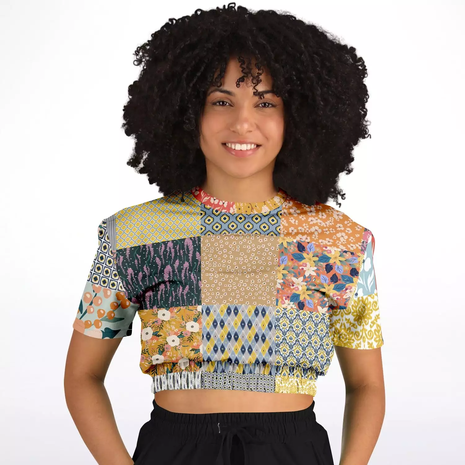 Tallulah Bankhead Patchwork Quilt Short Sleeve Cropped Eco-Poly Sweater