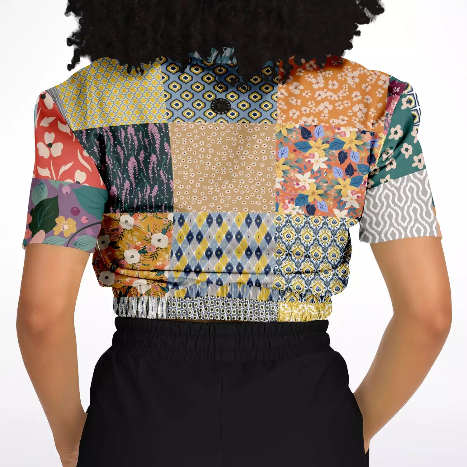 Tallulah Bankhead Patchwork Quilt Short Sleeve Cropped Eco-Poly Sweater