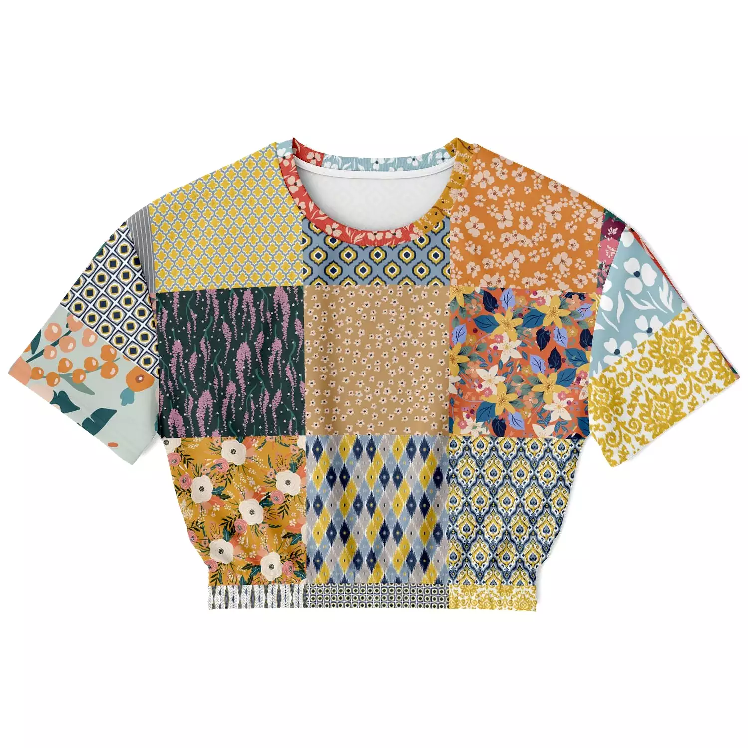 Tallulah Bankhead Patchwork Quilt Short Sleeve Cropped Eco-Poly Sweater