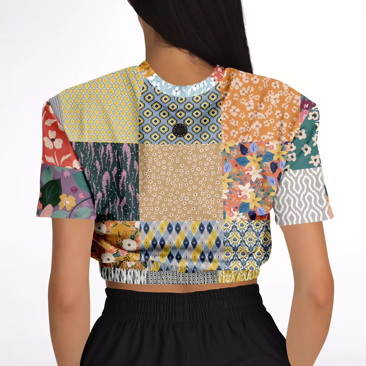 Tallulah Bankhead Patchwork Quilt Short Sleeve Cropped Eco-Poly Sweater