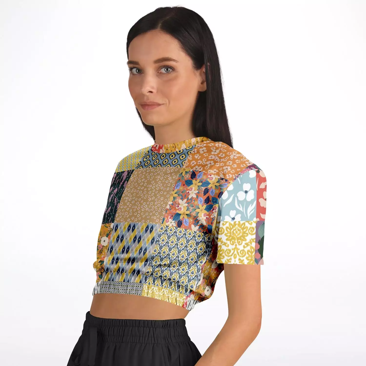 Tallulah Bankhead Patchwork Quilt Short Sleeve Cropped Eco-Poly Sweater