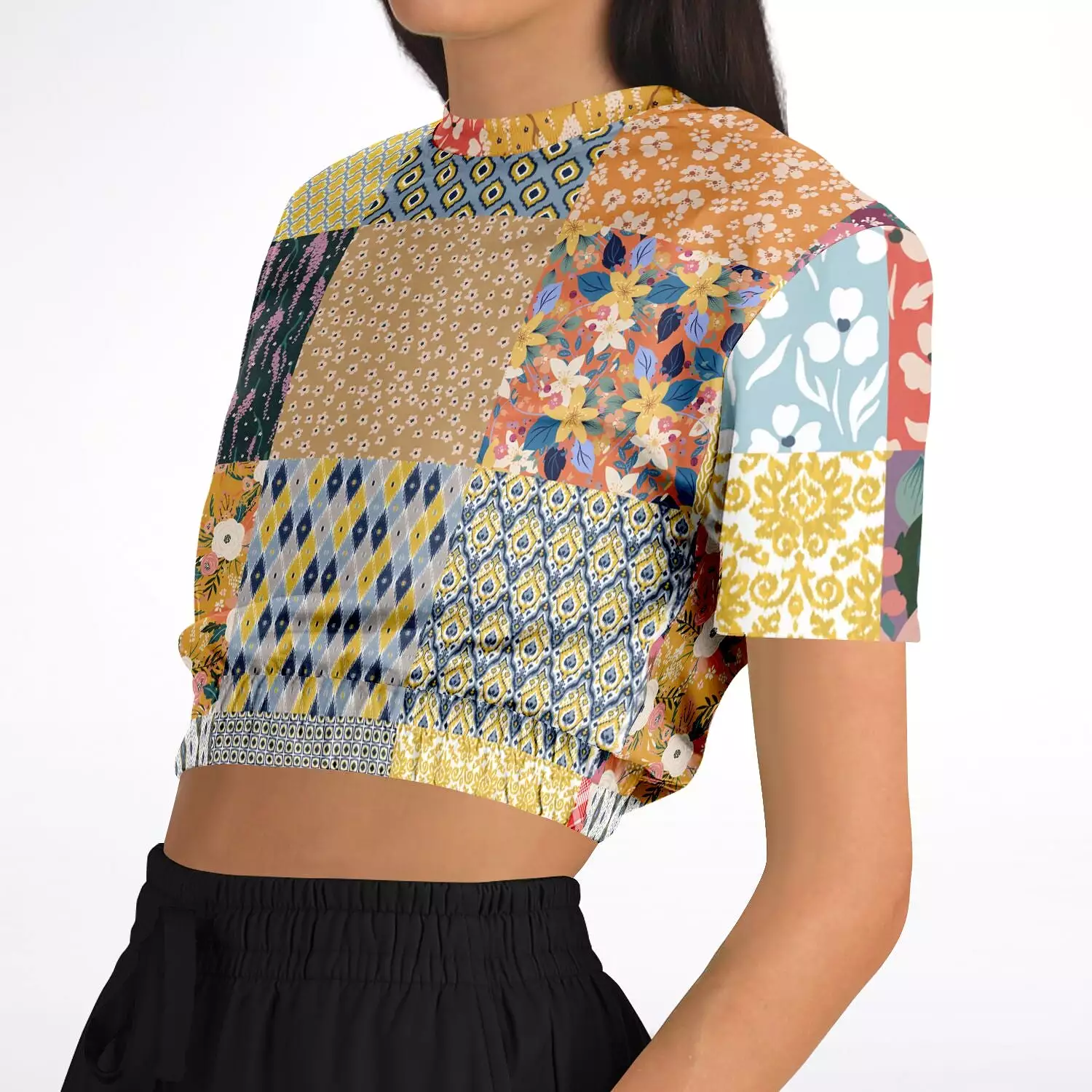 Tallulah Bankhead Patchwork Quilt Short Sleeve Cropped Eco-Poly Sweater