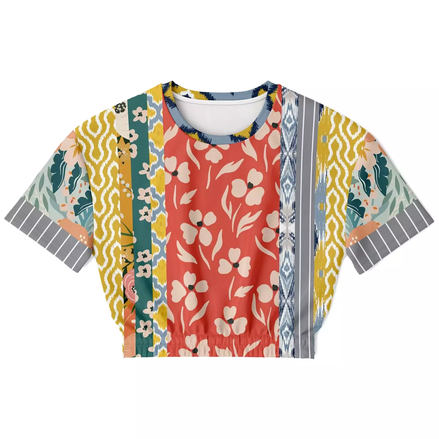 Tallulah Bankhead Yellow Patchwork Short Sleeve Cropped Eco-Poly Sweater