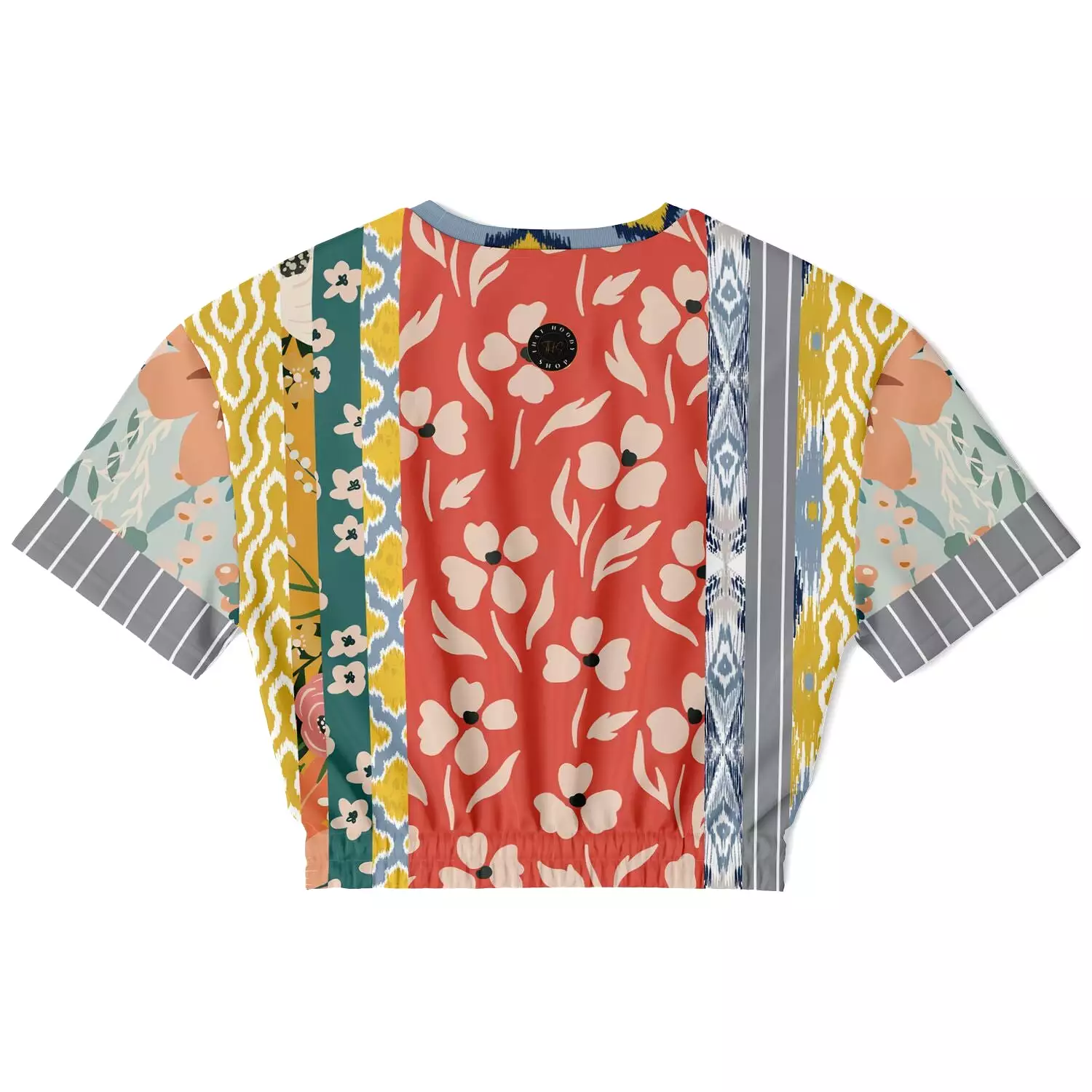 Tallulah Bankhead Yellow Patchwork Short Sleeve Cropped Eco-Poly Sweater