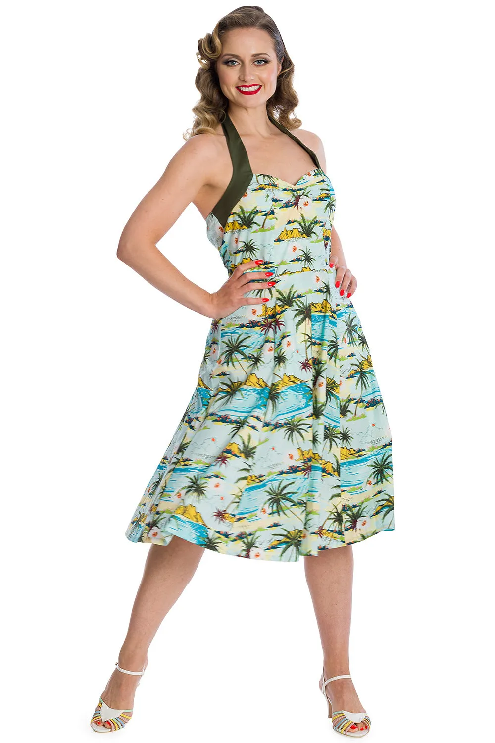 TROPICAL PALMS FIT & FLARE HALTER DRESS