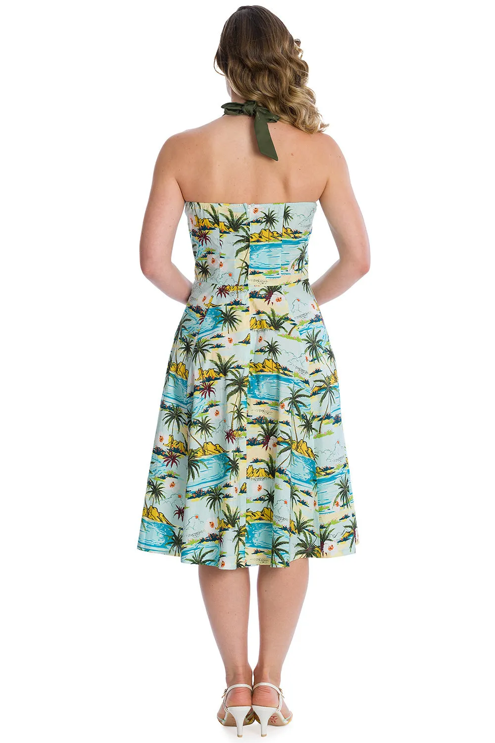 TROPICAL PALMS FIT & FLARE HALTER DRESS