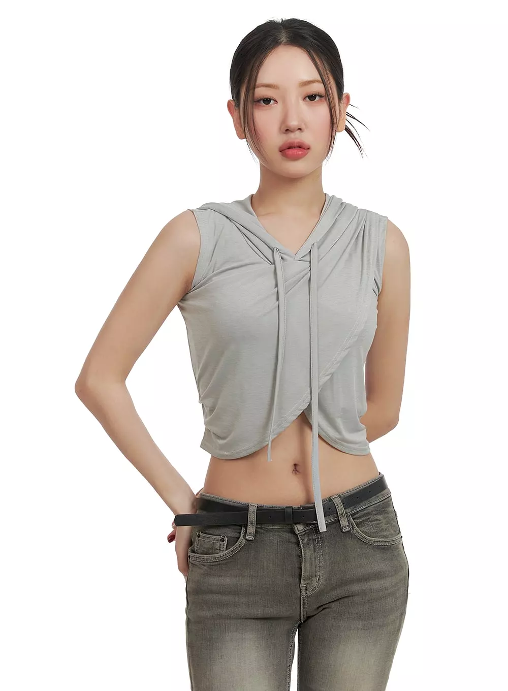 Unbalanced Wrap Sleeveless Cropped Hoodie CA416