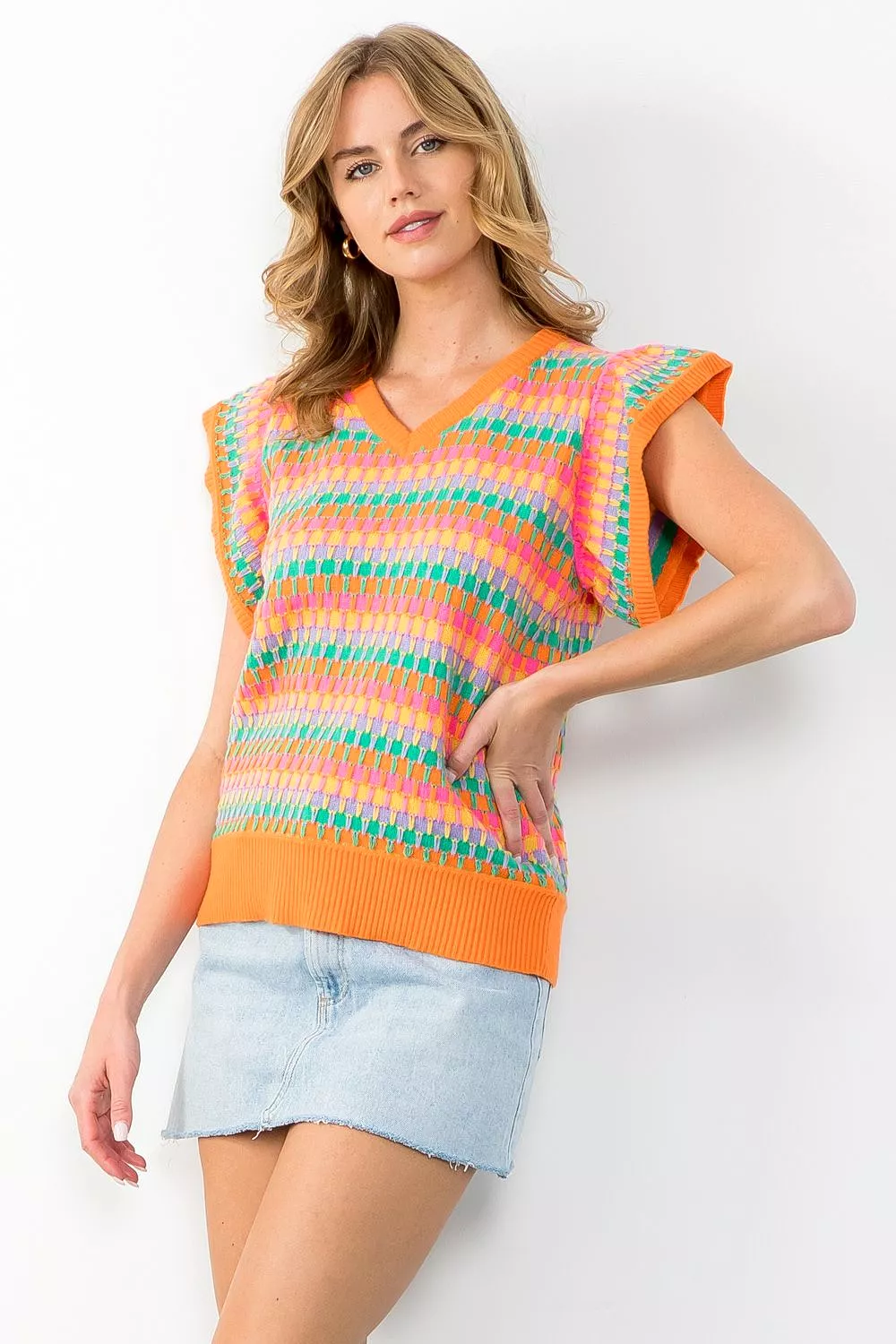 V-Neck Multi Color Knit Top