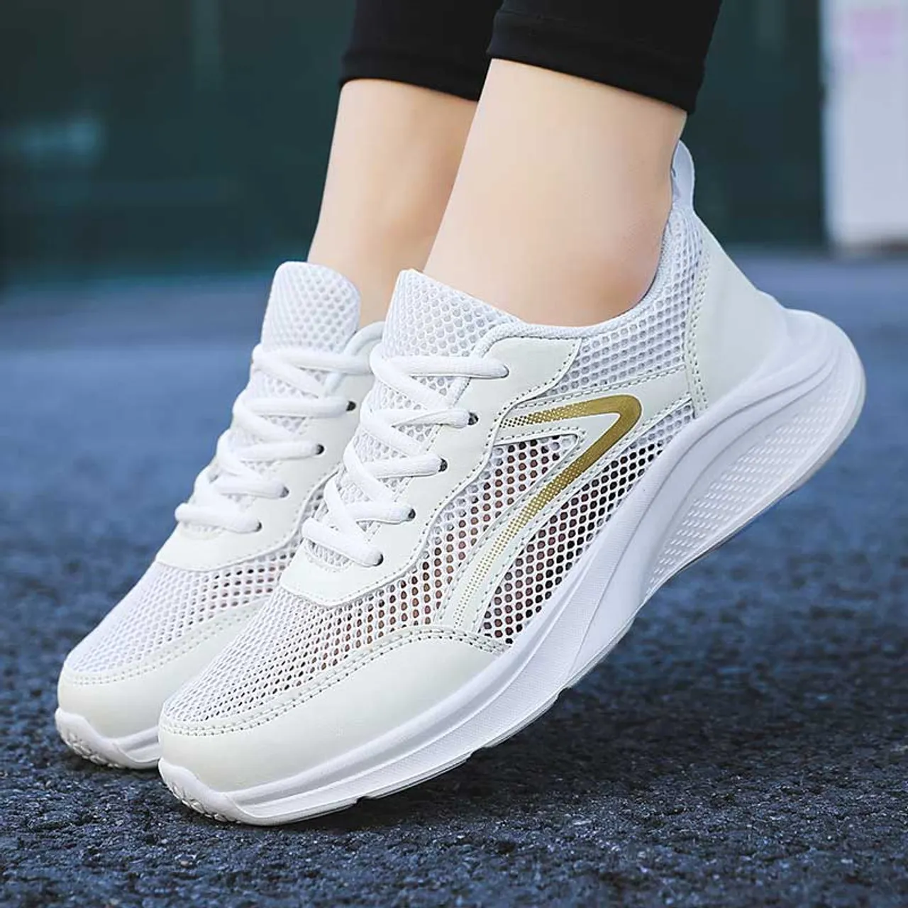 White casual mesh hollow cut stripe shoe sneaker