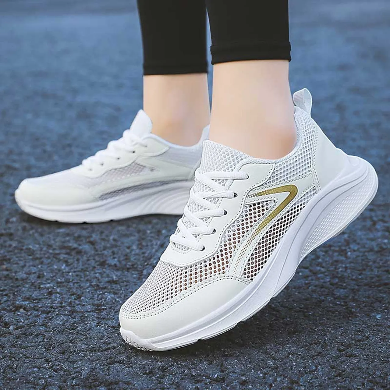 White casual mesh hollow cut stripe shoe sneaker