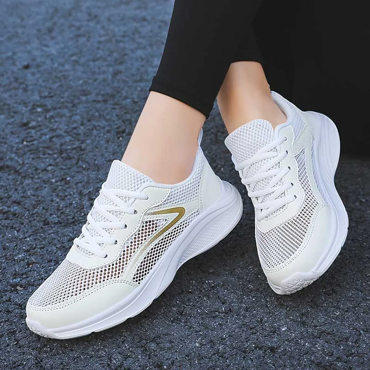 White casual mesh hollow cut stripe shoe sneaker