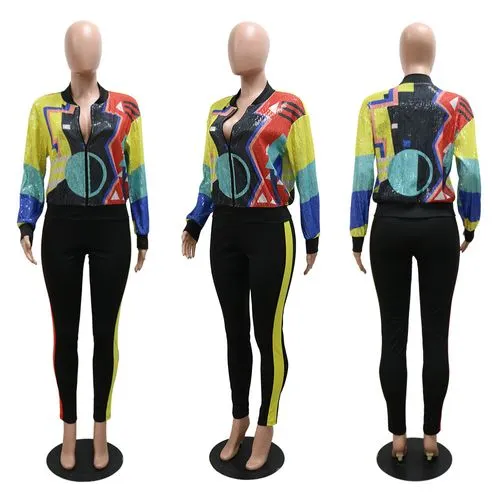 Women's British Style Color Block Sequins Printing Patchwork Zipper Coat Jacket