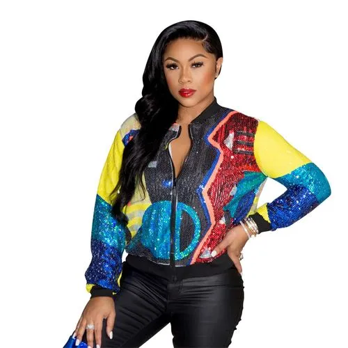 Women's British Style Color Block Sequins Printing Patchwork Zipper Coat Jacket