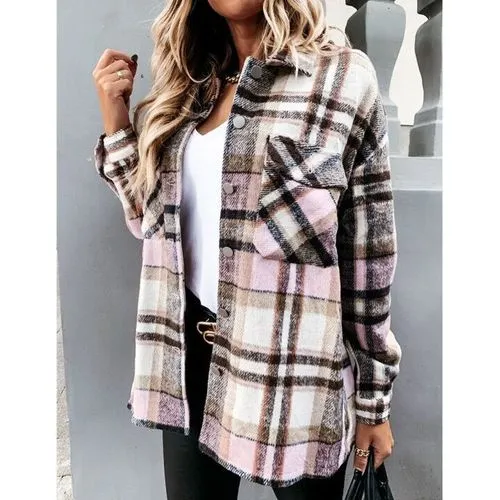 Women's Coat Long Sleeve Blouses Button Fashion Plaid