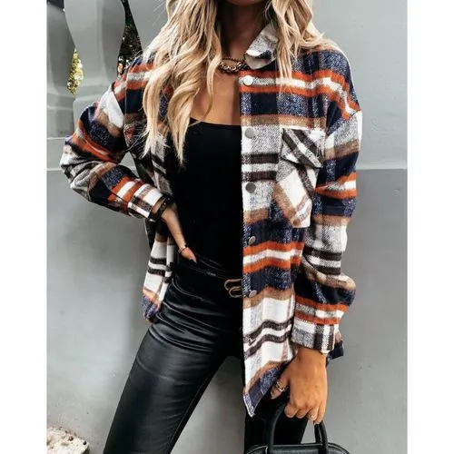 Women's Coat Long Sleeve Blouses Button Fashion Plaid