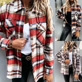 Women's Coat Long Sleeve Blouses Button Fashion Plaid