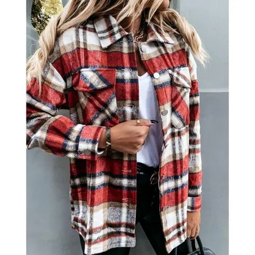 Women's Coat Long Sleeve Blouses Button Fashion Plaid