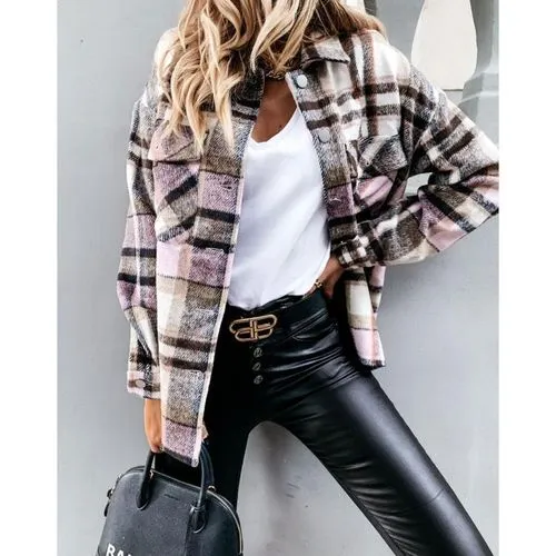 Women's Coat Long Sleeve Blouses Button Fashion Plaid