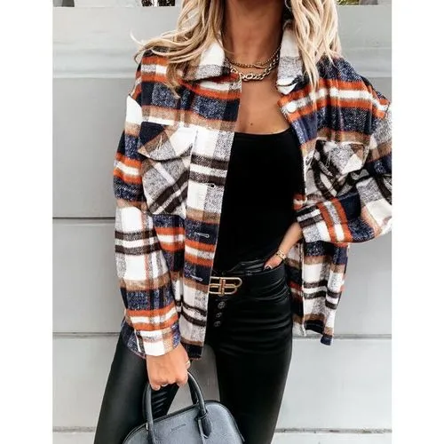 Women's Coat Long Sleeve Blouses Button Fashion Plaid