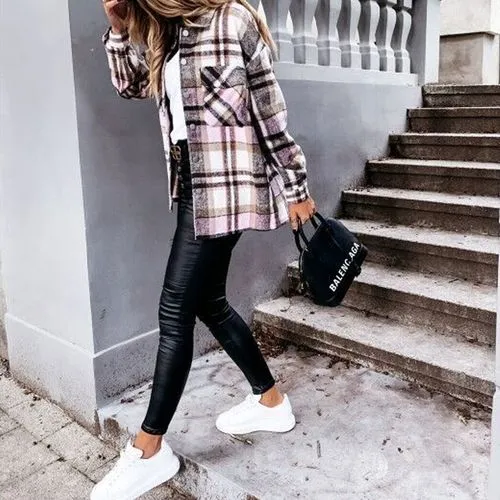 Women's Coat Long Sleeve Blouses Button Fashion Plaid