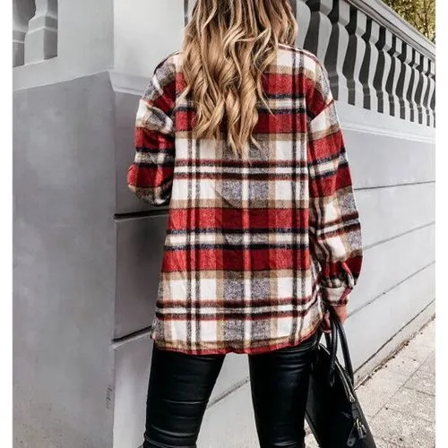 Women's Coat Long Sleeve Blouses Button Fashion Plaid