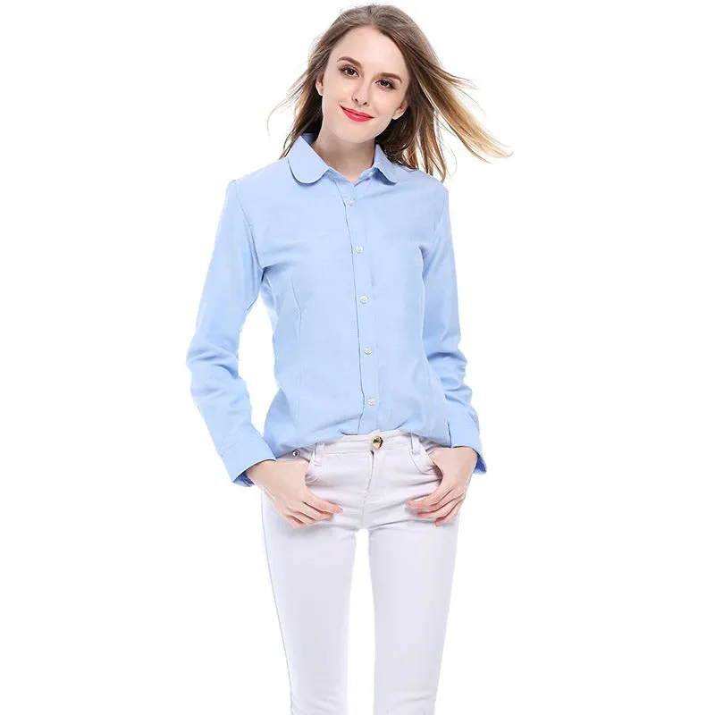 Women's Cotton Solid Oxford Long Sleeve Blouse with Collar and Buttons