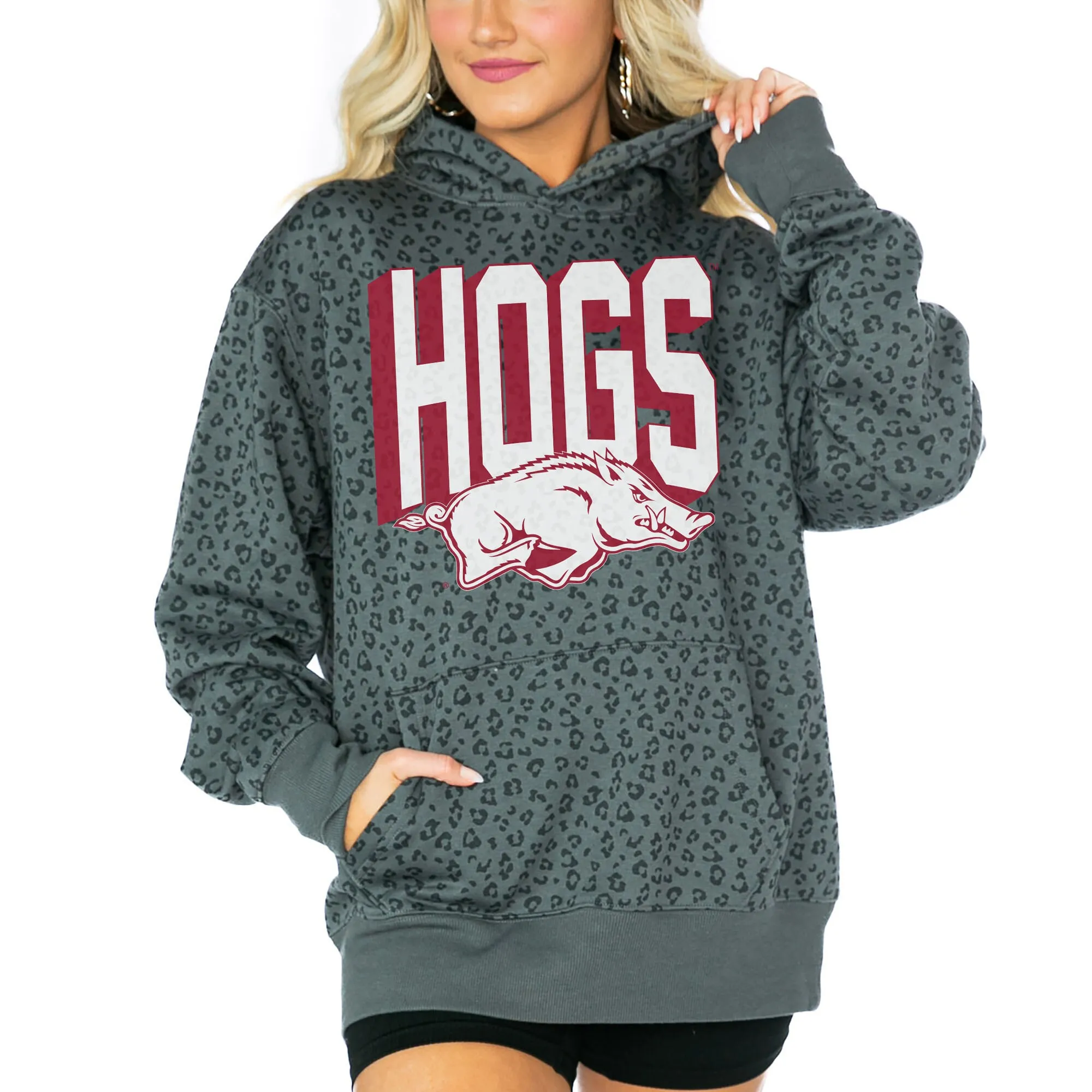 Women's Gameday Couture  Black Arkansas Razorbacks Running Wild Leopard Print Pullover Hoodie