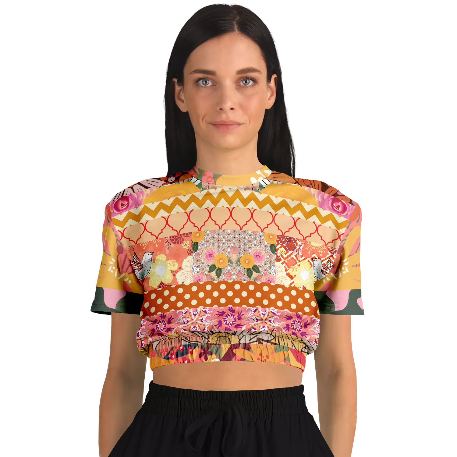 Yogananda Striped Floral Patchwork Short Sleeve Cropped Eco-Poly Sweater