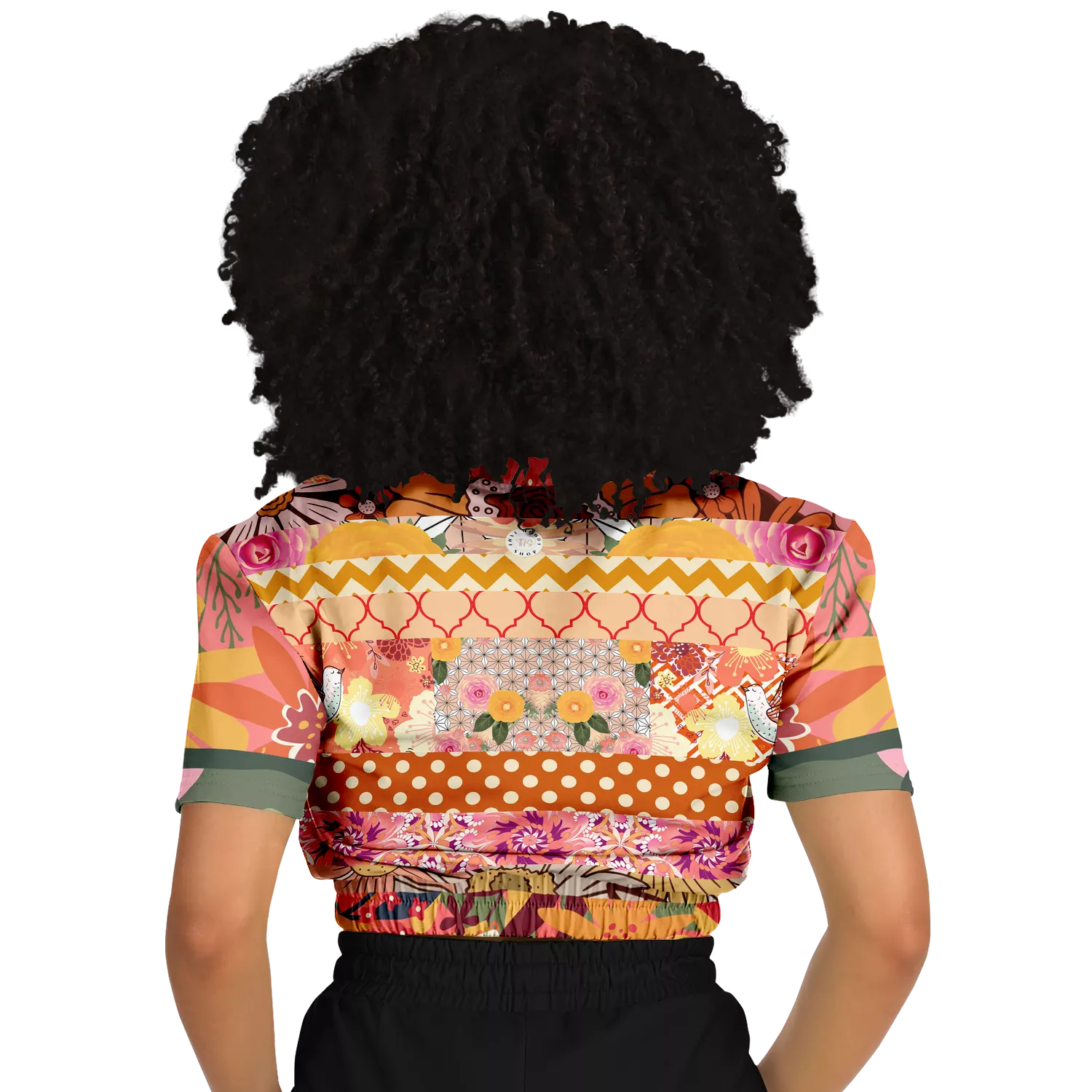 Yogananda Striped Floral Patchwork Short Sleeve Cropped Eco-Poly Sweater